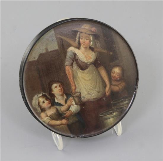 A papier mache table snuff box attributed to Stobwasser, c.1800 d. 9.6cm